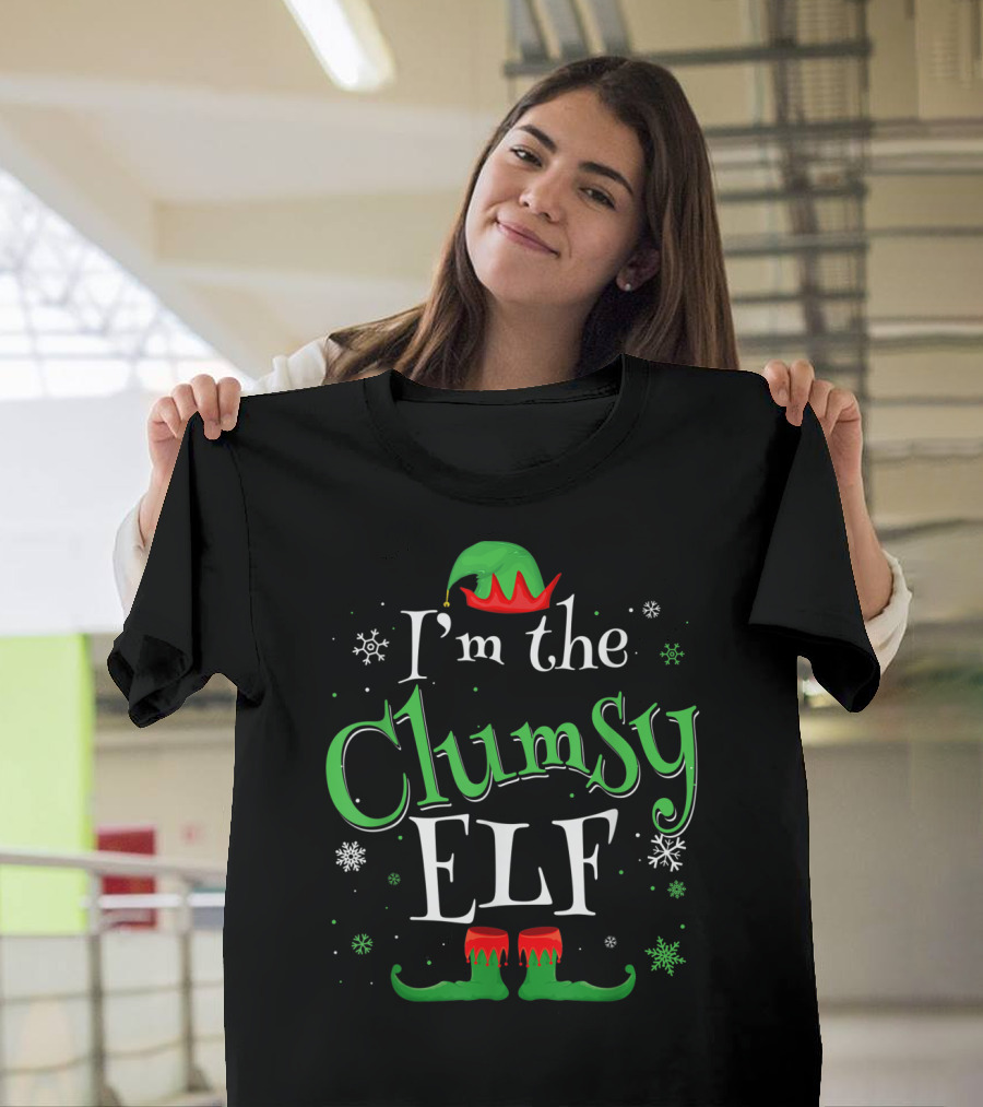 I'm the Clumsy Elf Green Red Hat Snowflakes T-Shirt