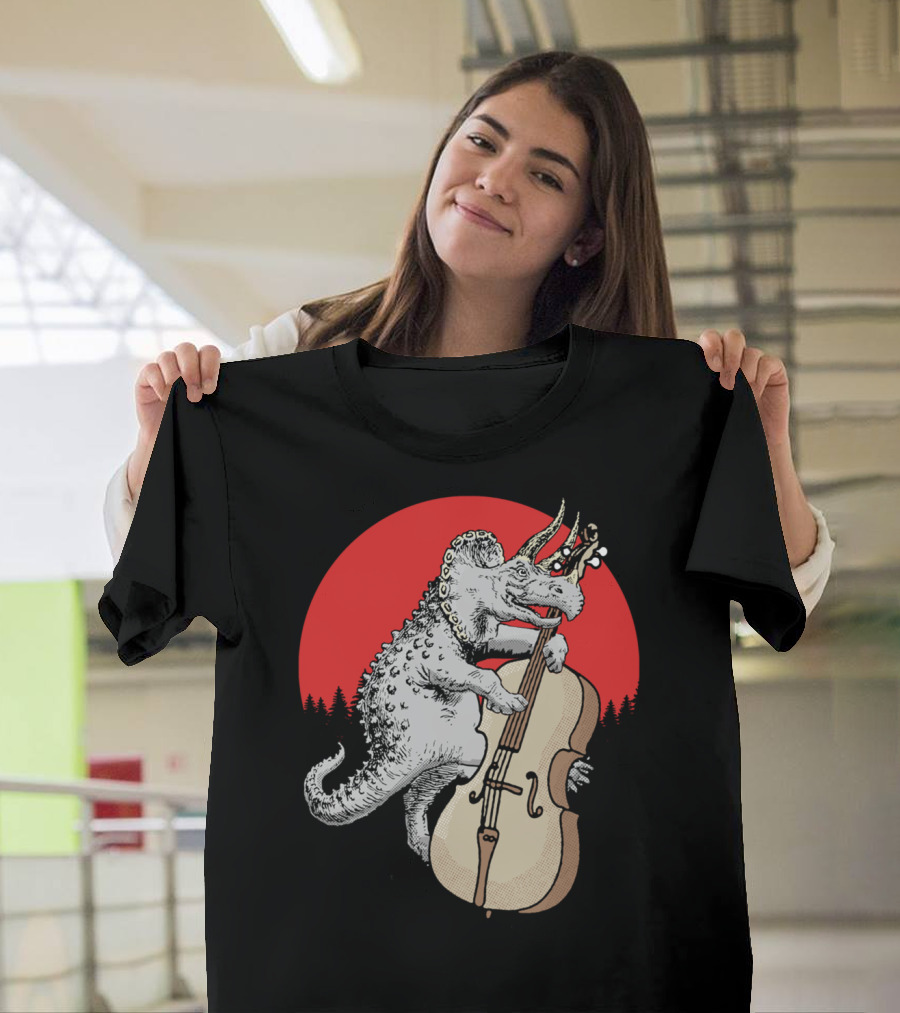 Bassasaurus Triceratops Dinosaur Playing Double Bass with Red Sun Background T-Shirt
