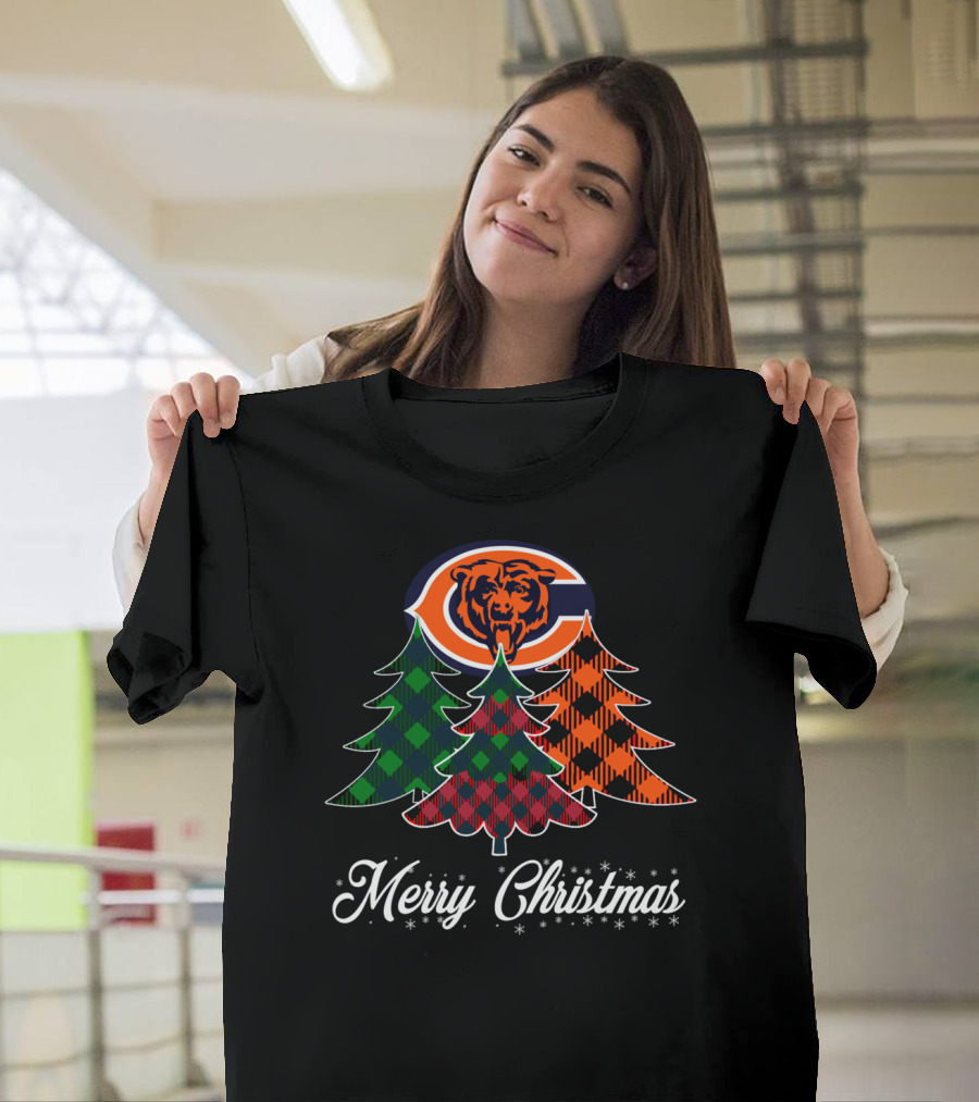 Merry Christmas Chicagobear Football Team with Plaid Trees T-Shirt
