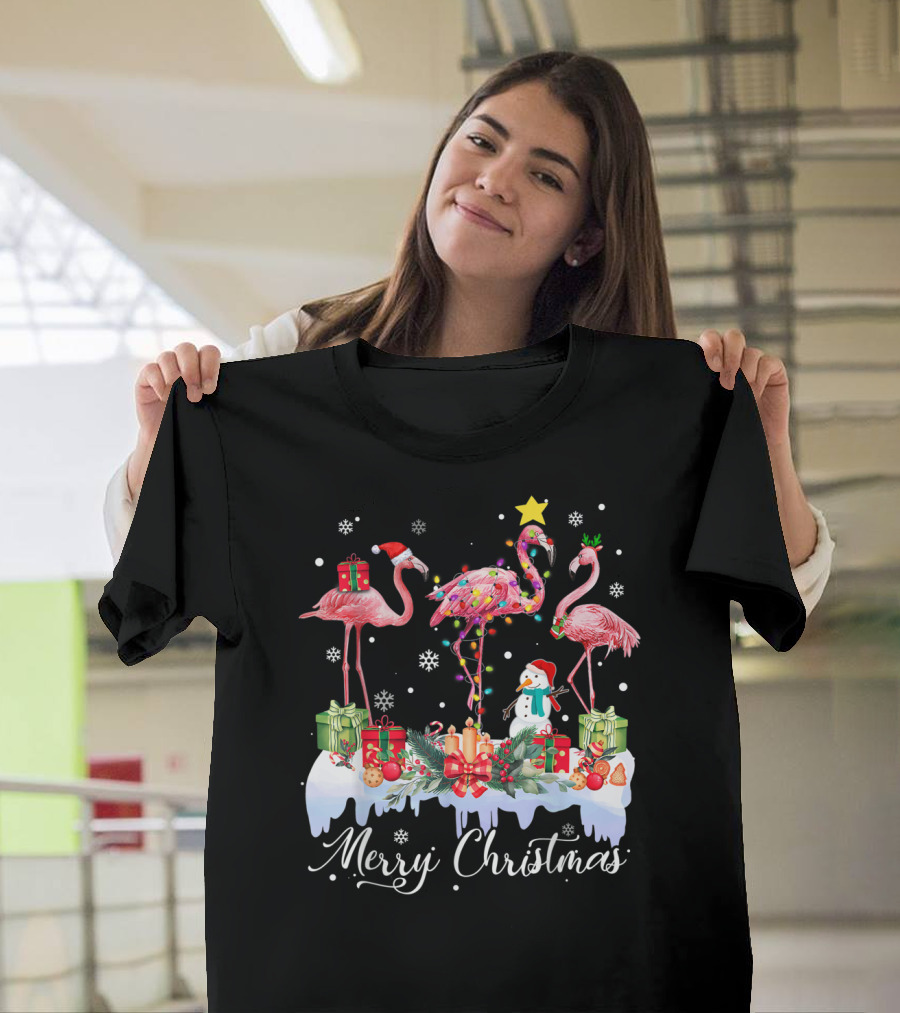 Merry Christmas Flamingo Santa Hat Snowman Holiday Scene T-Shirt