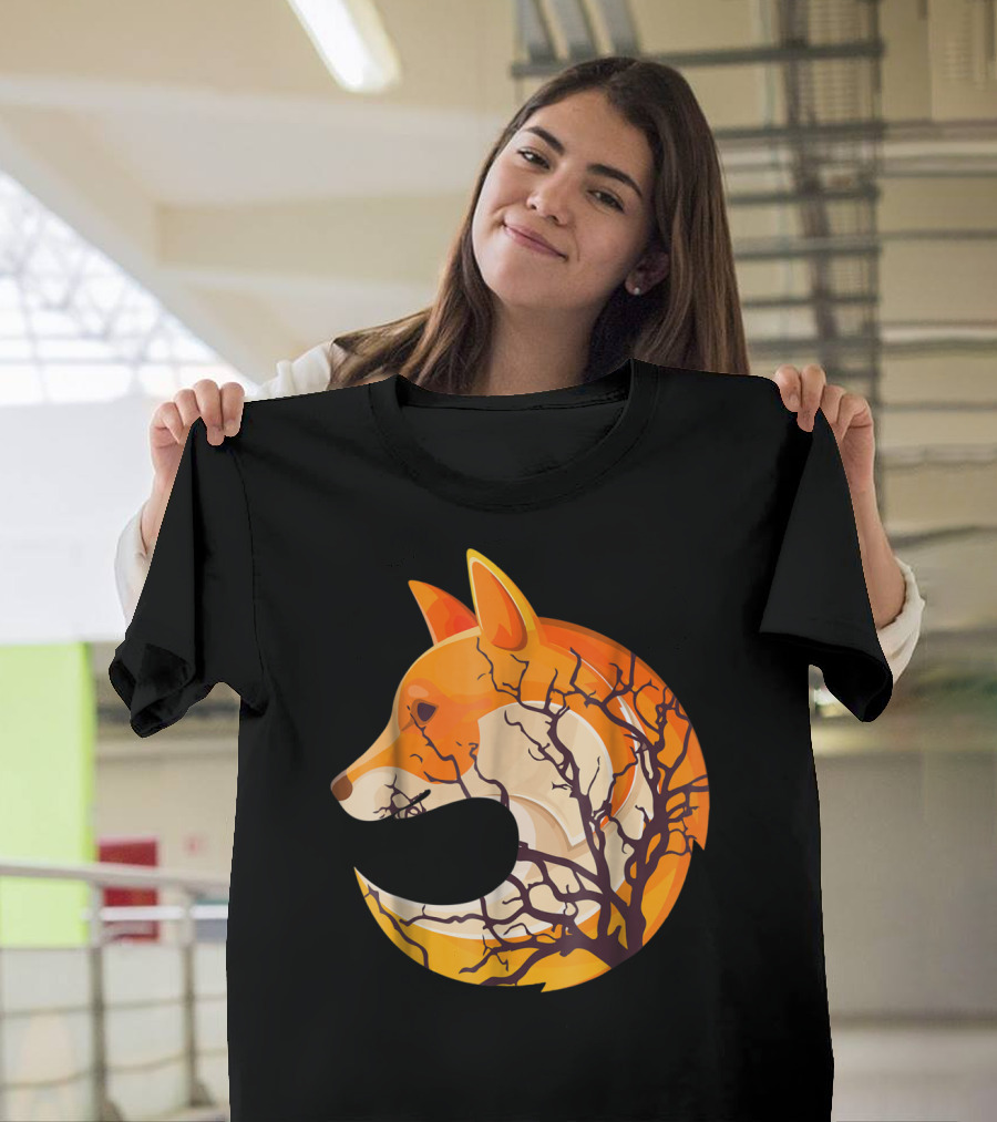 Fox Silhouette with Tree Branches Inside Circular T-Shirt