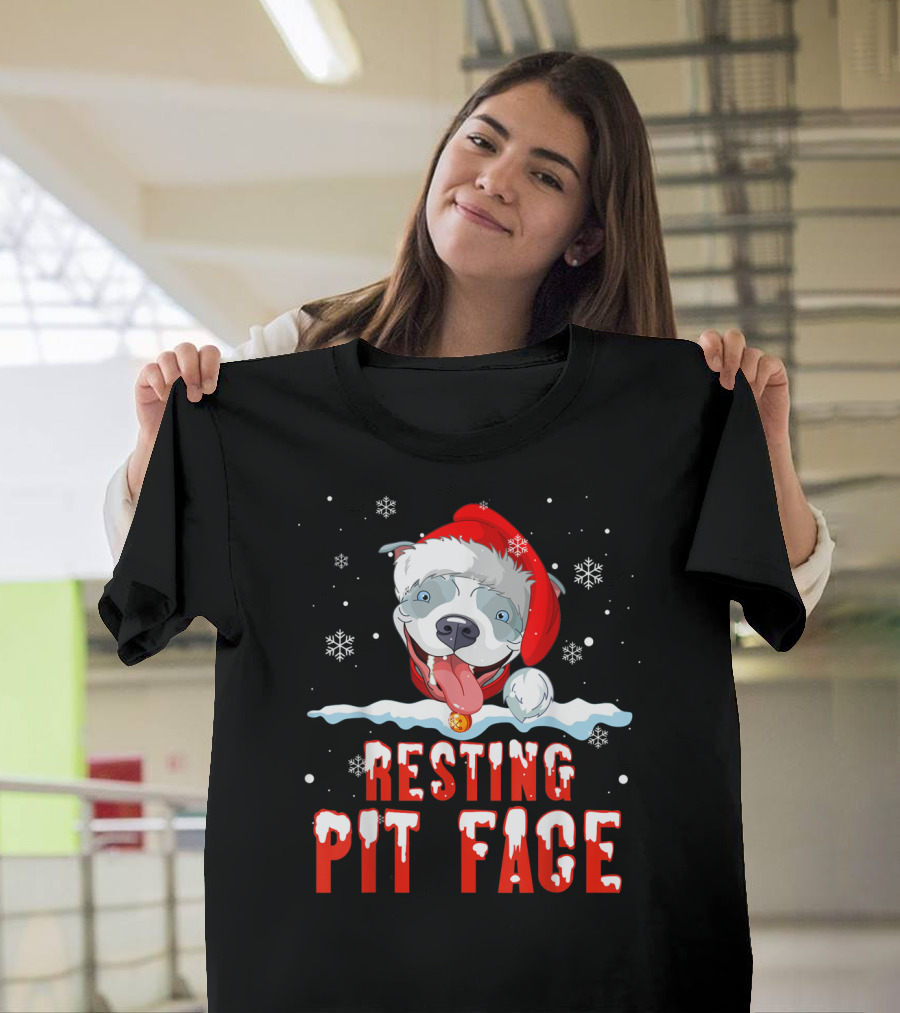 Funny Christmas Dog Pitbull Resting Pit Face Santa Hat Snowflake T-Shirt