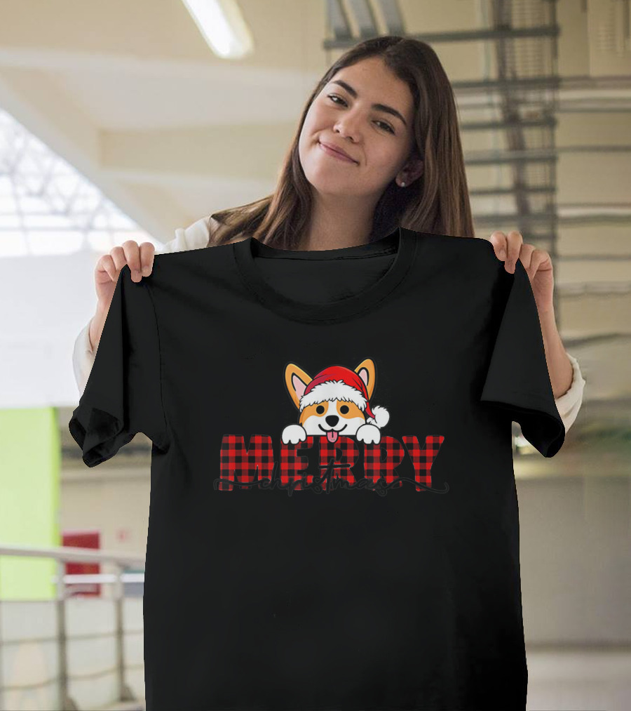 Merry Christmas Corgi Santa Hat Funny Checkered Letters T-Shirt