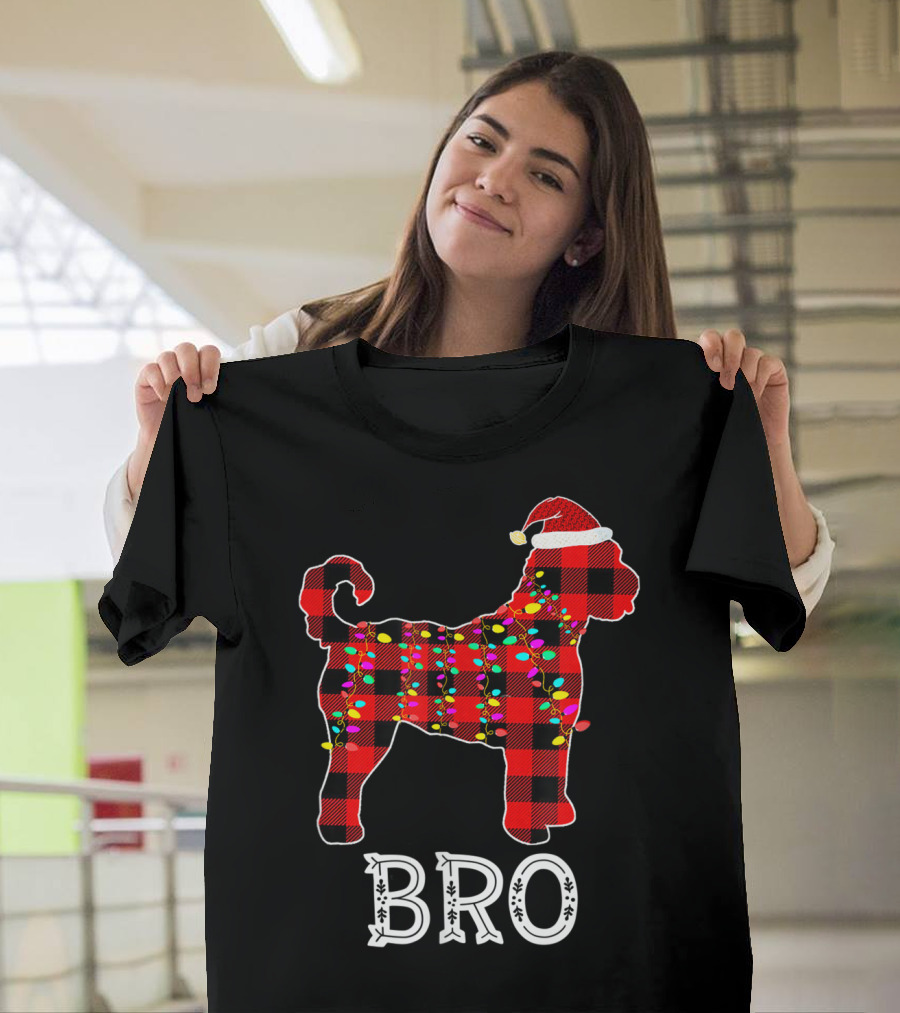 Goldendoodle Bro Christmas Lights Buffalo Plaid Santa Hat T-Shirt