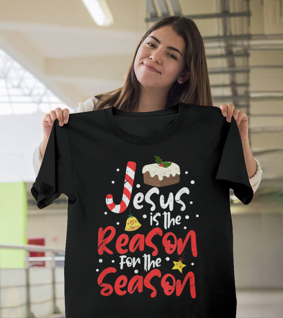 Jesus Is The Reason For The Season Christian Candy Cane Christmas Pudding Decorated Text T-Shirt