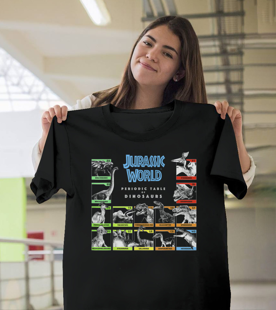 Jurassic World Periodic Table of Dinosaurs Brachiosaurus Tyrannosaurus Velociraptor Spinosaurus Pteranodon Mosasaurus T-Shirt