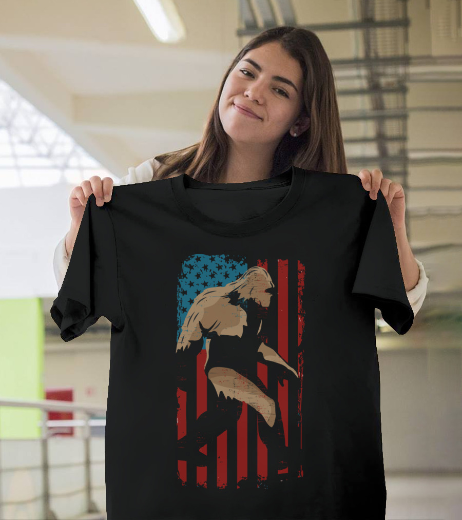 Bigfoot Walking Across American Flag Distressed Look 4th Of July T-Shirt
