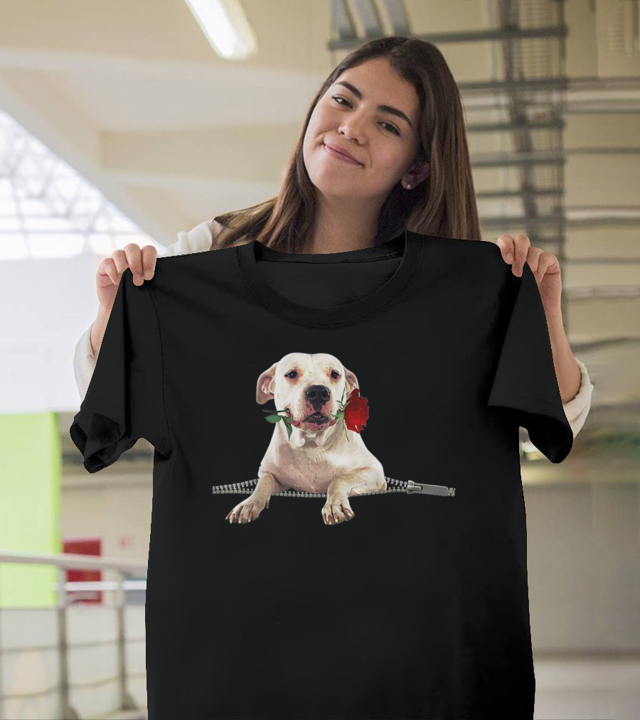 Dogo Argentino Holding Red Rose with Zipper Pocket Effect T-Shirt