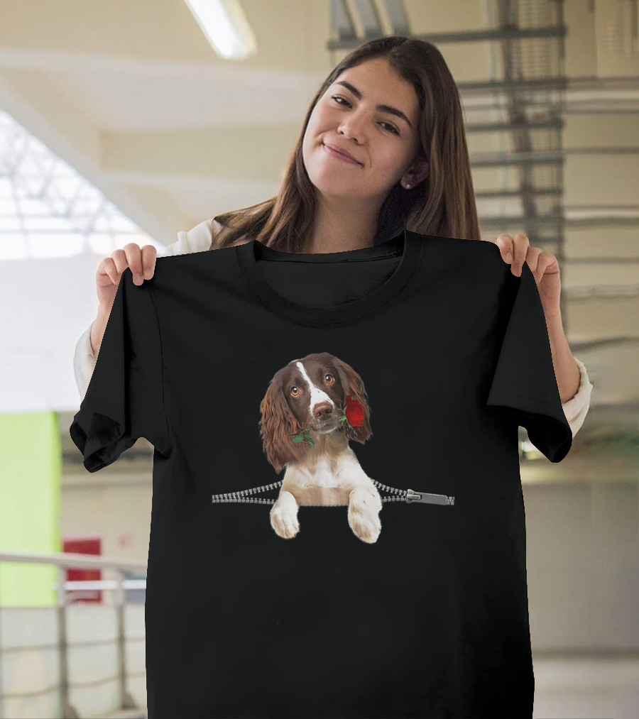 Funny English Springer Spaniel with Rose in Zipper T-Shirt