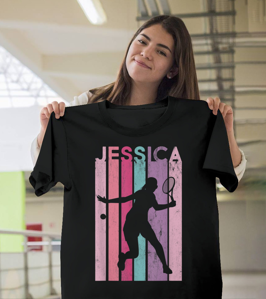 Jessica Tennis Retro Silhouette Pastel Stripes T-Shirt