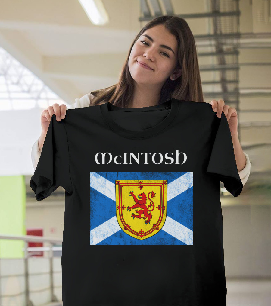 Mcintosh Clan Name with Scotland Flag and Lion Rampant Emblem T-Shirt