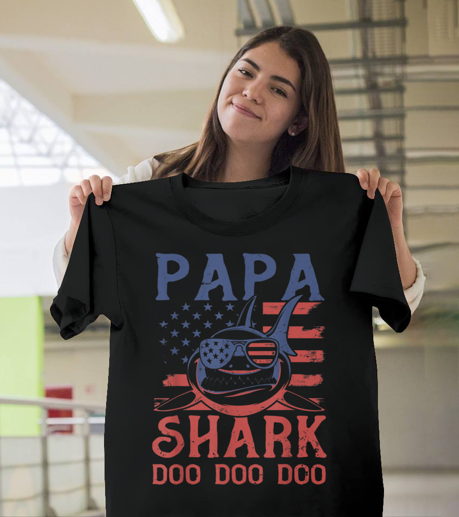 Papa Shark Doo Doo Doo American Flag Sunglasses T-Shirt