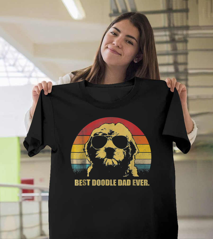 Retro Best Doodle Dad Ever Dog Wearing Sunglasses with Vintage Sunset Stripes T-Shirt