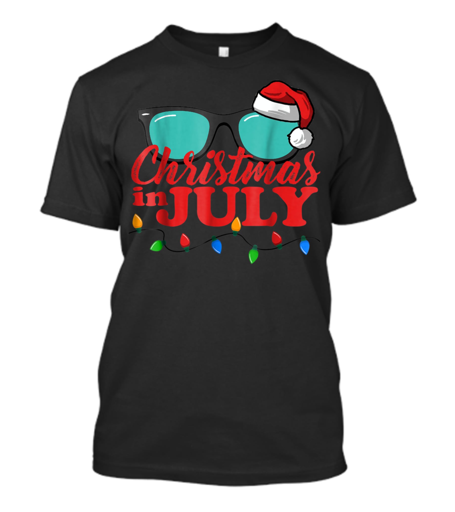 Christmas In July Santa Hat Sunglasses Summer Lights T-Shirt