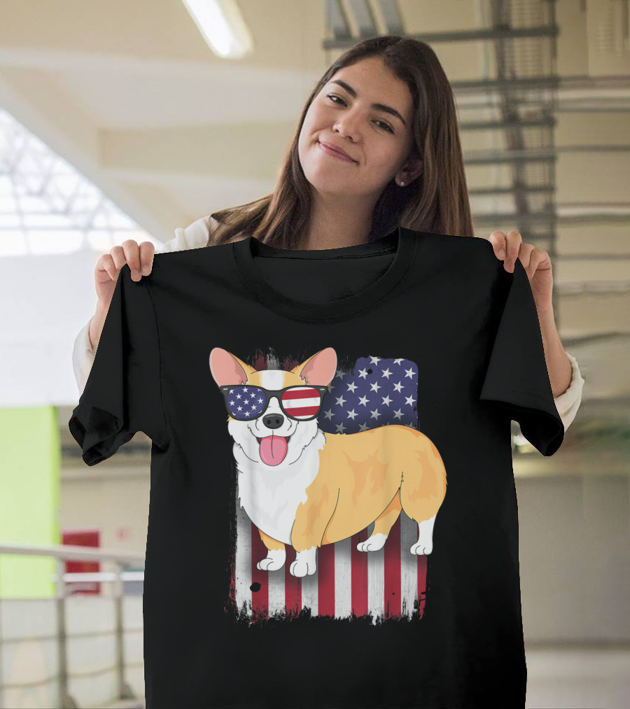 Corgi with Sunglasses American Flag Background T-Shirt