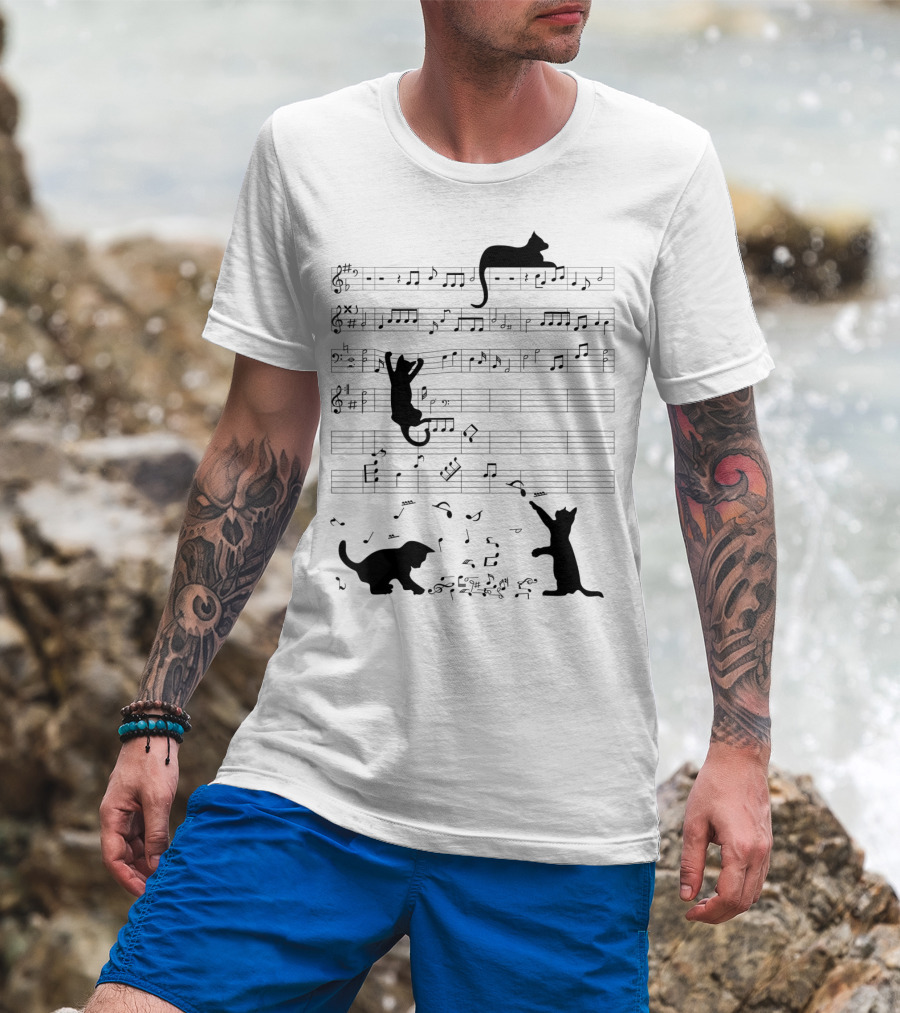 Cute Cat Kitty Climbing And Sitting With Music Notes And Clef T-Shirt