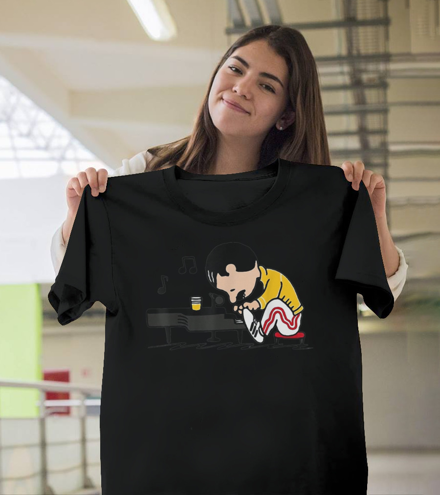 Freddie Peanuts Character Playing Piano with Yellow Jacket and Red Striped Pants T-Shirt