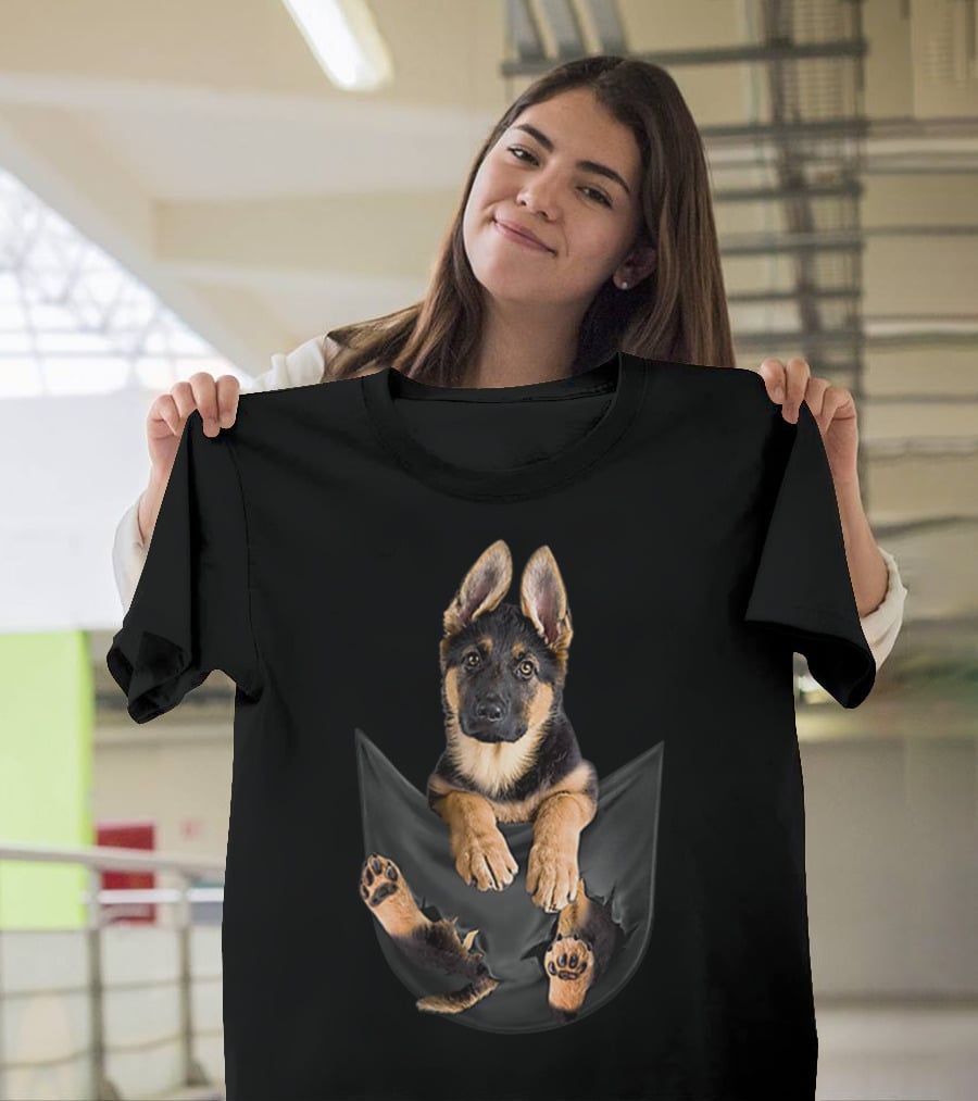 German Shepherd Puppy Paws Tearing Through Black Pocket T-Shirt