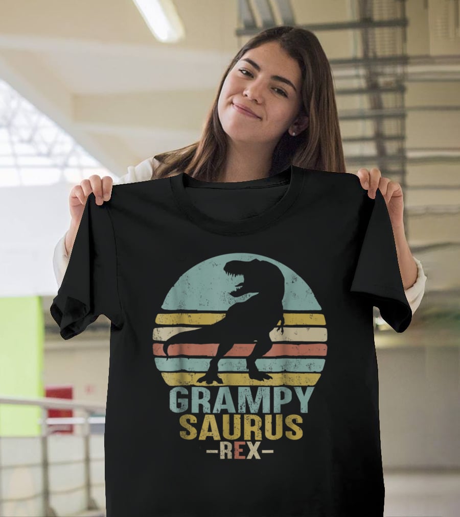 Grampysaurus Rex Funny Dinosaur Retro Sunset Stripes Grampy Sau T-Shirt