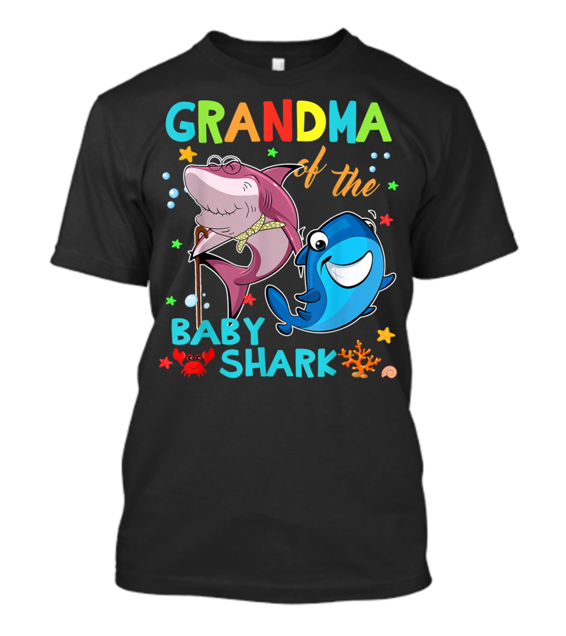 Grandma Of The Baby Shark With Colorful Cartoon Sharks And Sea Creatures T-Shirt