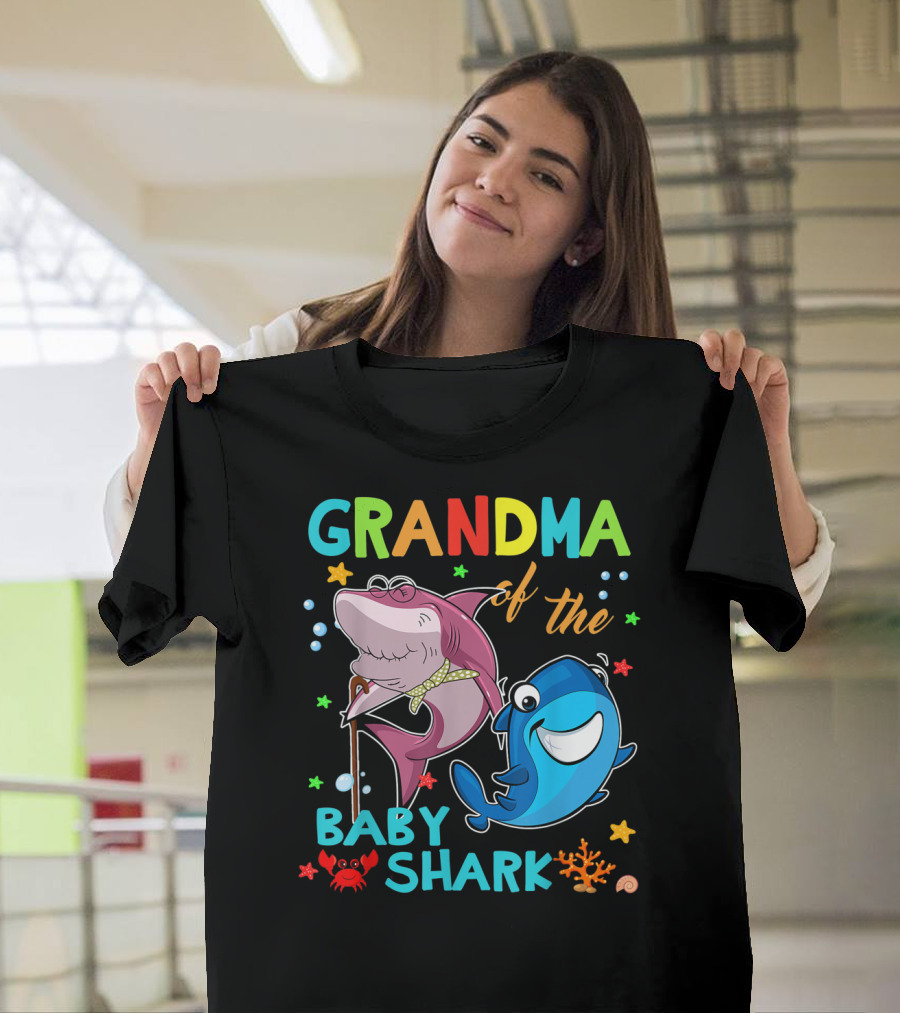Grandma of the Baby Shark with Colorful Cartoon Sharks and Sea Creatures T-Shirt