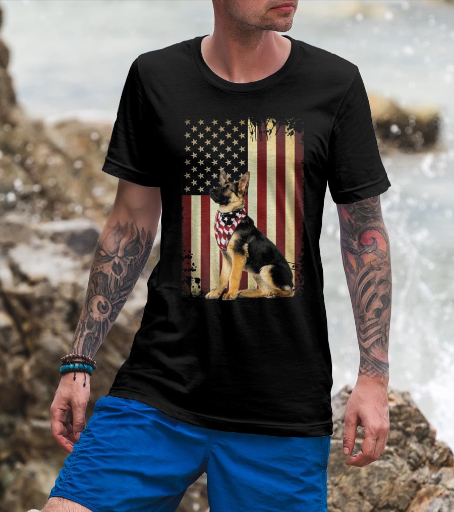 German Shepherd With American Flag Bandana In Front Of Stars And Stripes Flag T-Shirt