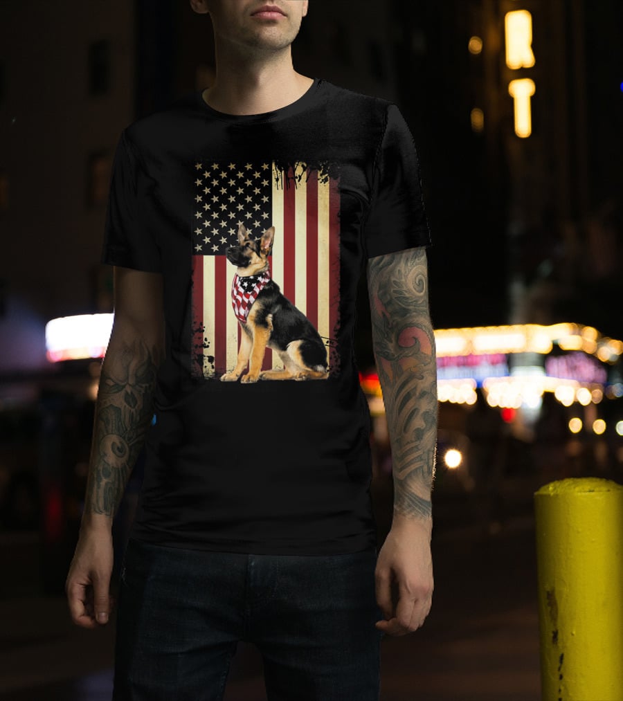 German Shepherd With American Flag Bandana In Front Of Stars And Stripes Flag T-Shirt