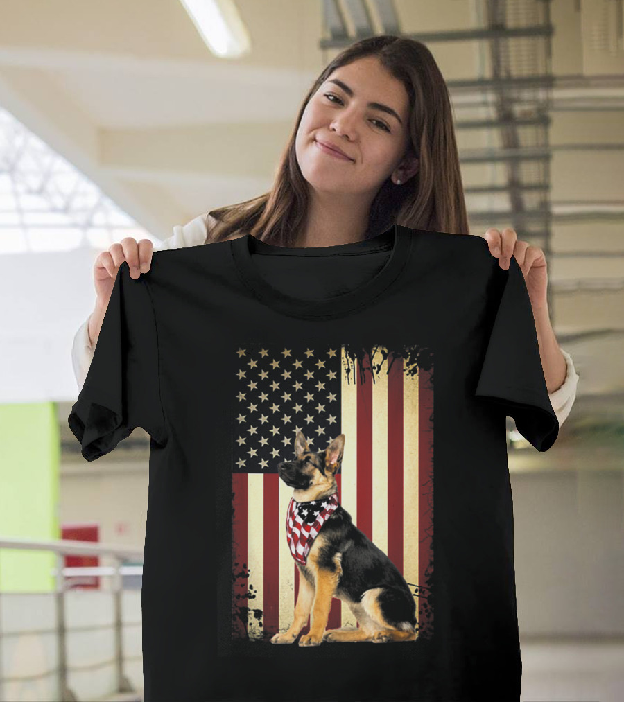 German Shepherd with American Flag Bandana in Front of Stars and Stripes Flag T-Shirt