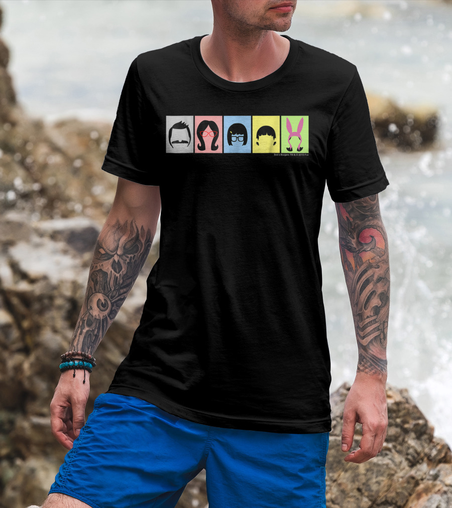 Bob's Burgers Characters Hair And Hats On Color Blocks T-Shirt