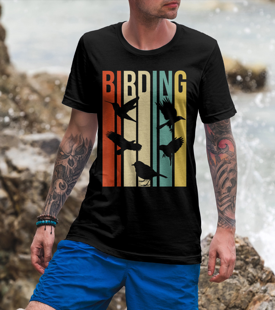 Vintage Style Birding For Birders With Silhouette Birds In Colorful Stripes T-Shirt