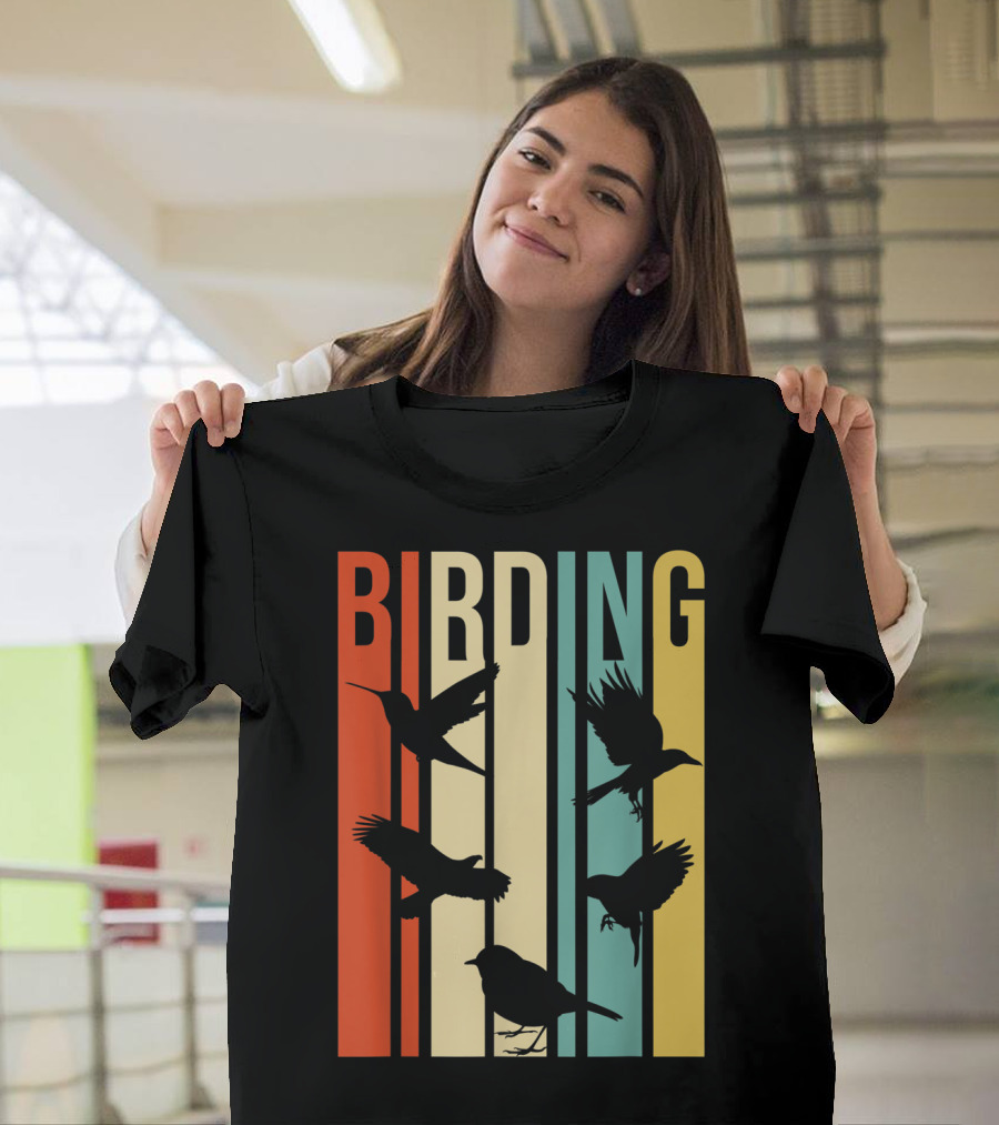 Vintage Style Birding For Birders With Silhouette Birds In Colorful Stripes T-Shirt