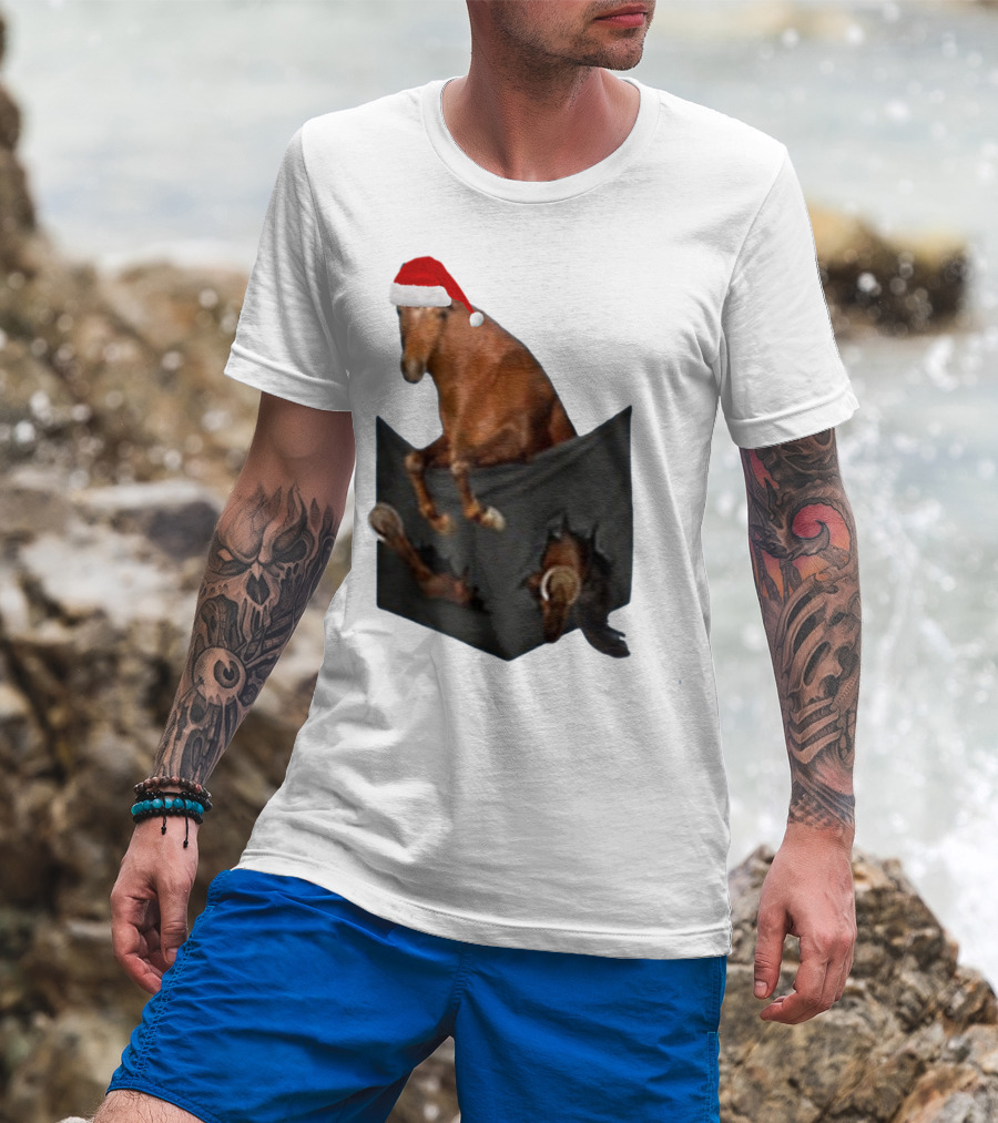 Santa Hat Criollo Horse Bursting From Pocket T-Shirt