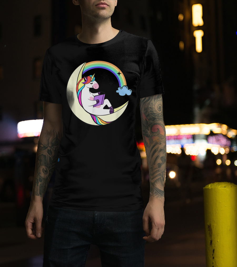 Unicorn Reading Book On Moon With Rainbow And Stars T-Shirt