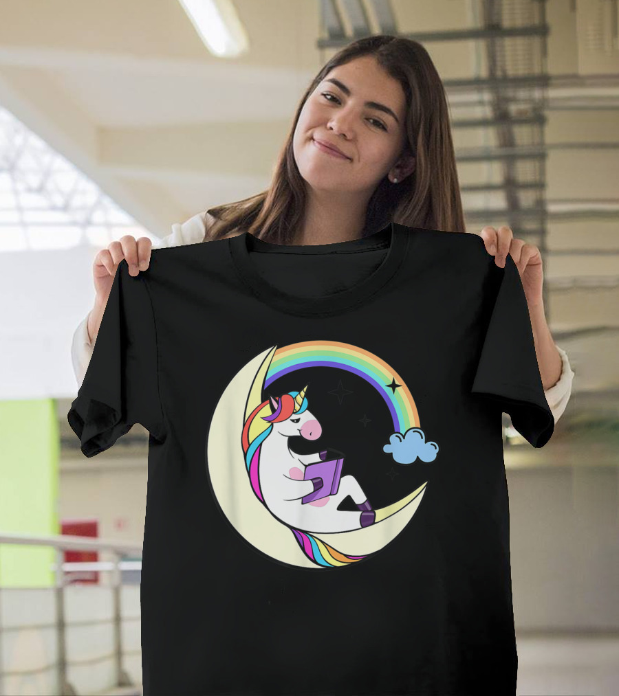 Unicorn Reading Book On Moon With Rainbow And Stars T-Shirt