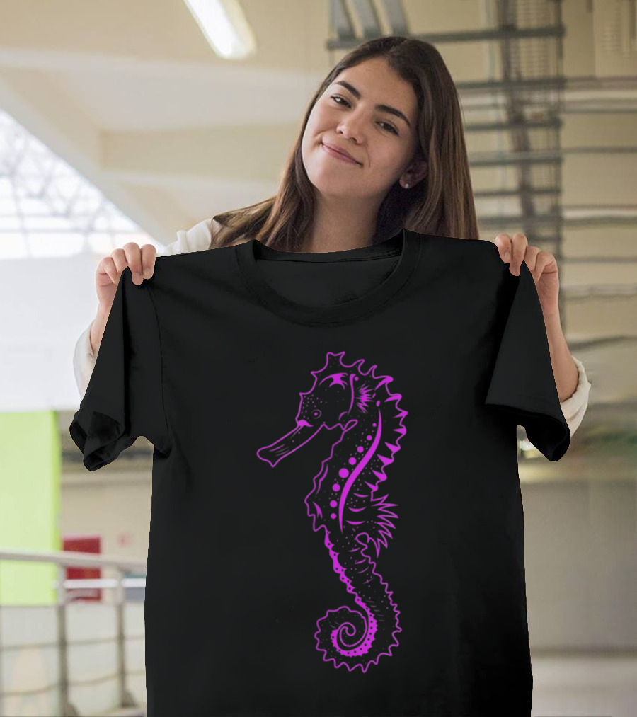 Cute Seahorse Sea Horse Neon Purple Black Sea Creature T-Shirt