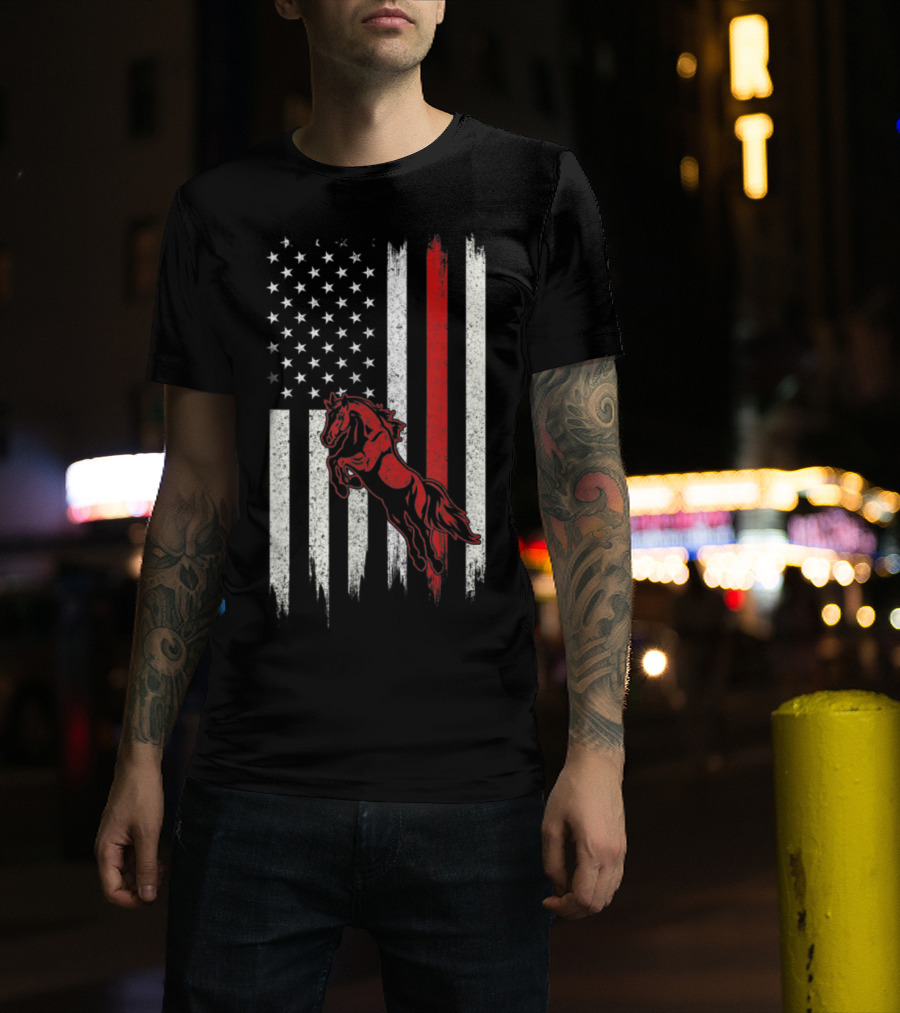 Distressed American Flag With Red Horse T-Shirt