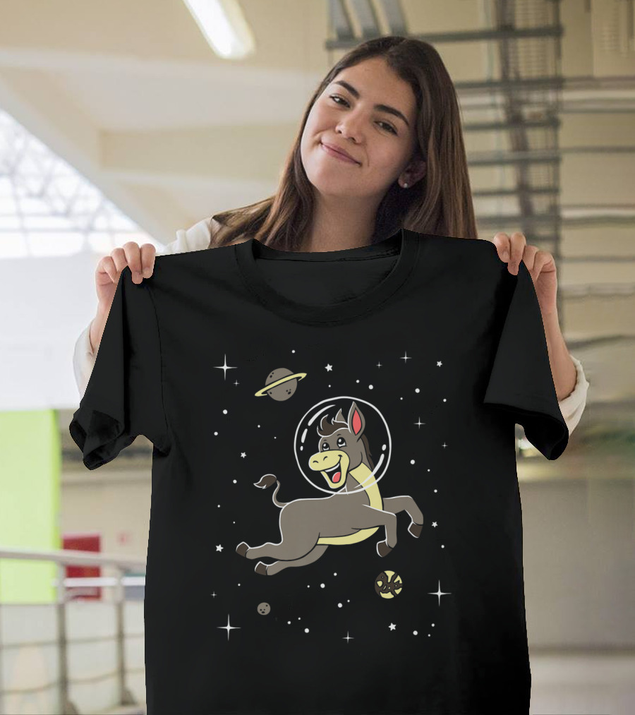Space Adventure Cute Cartoon Donkey Horse with Astronaut Helmet T-Shirt