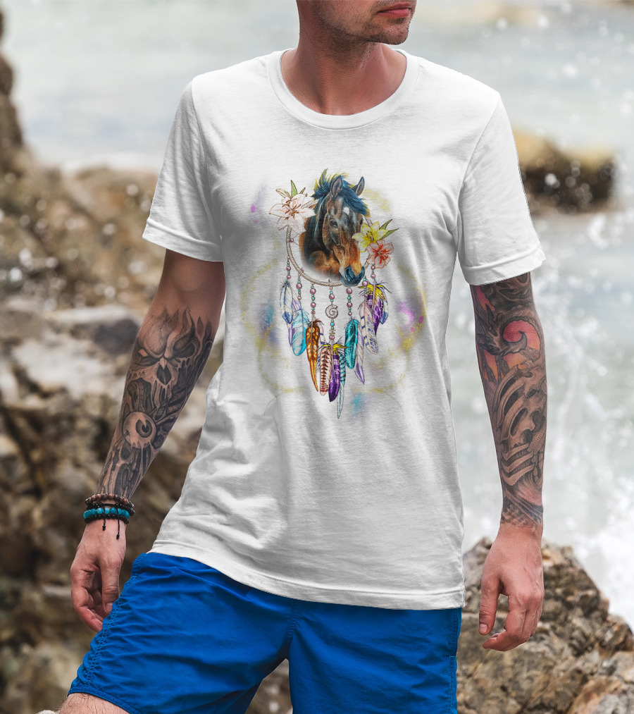 Dream Catcher Horse With Feathers And Flowers For Animal Lovers T-Shirt