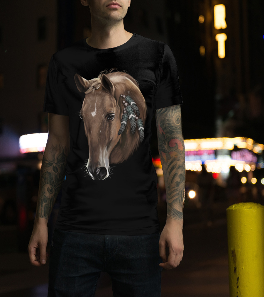 Cute Brown Tribal Horse With Feather Adornments T-Shirt