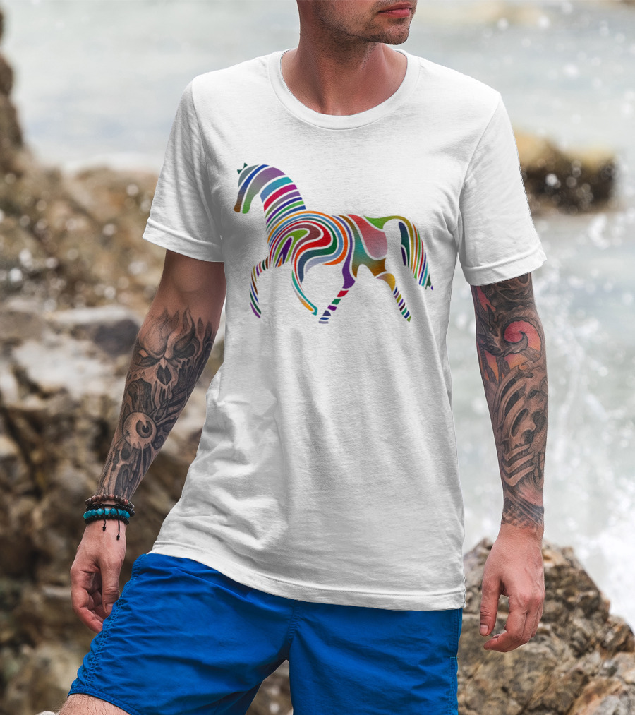 Dancing Rainbow Horse Groovy Psychedelic Stripes T-Shirt