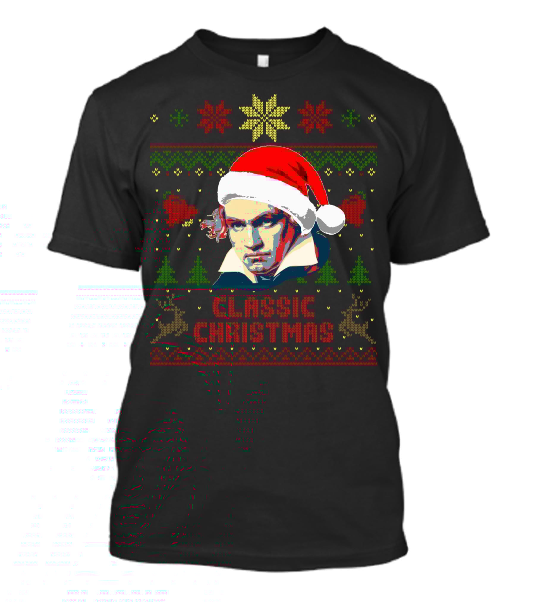Classic Christmas Beethoven Santa Hat Reindeer Snowflakes T-Shirt