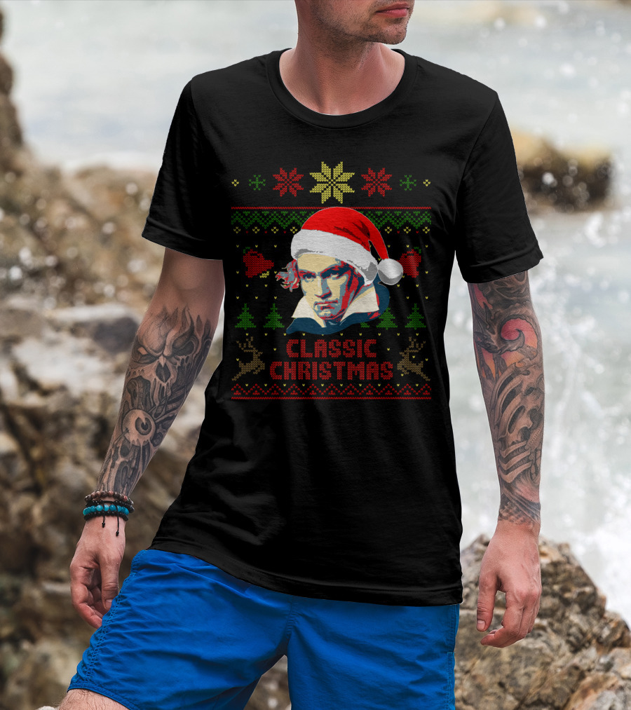 Classic Christmas Beethoven Santa Hat Reindeer Snowflakes T-Shirt