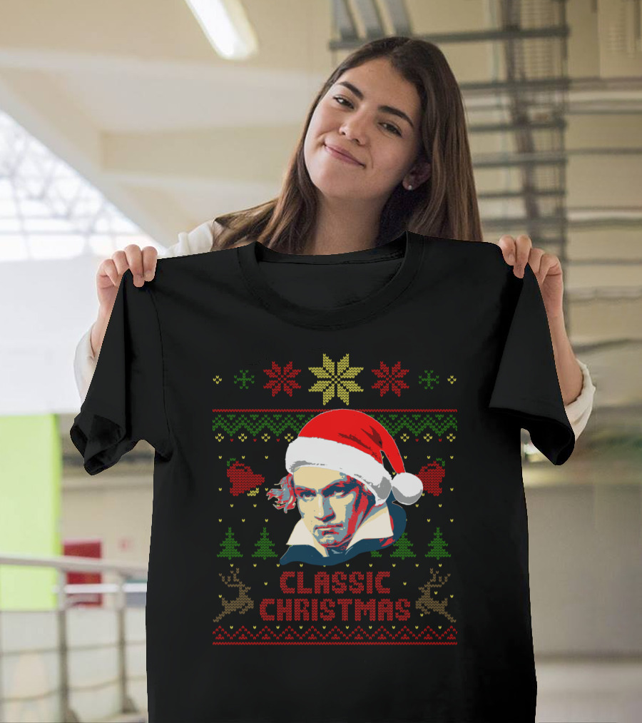 Classic Christmas Beethoven Santa Hat Reindeer Snowflakes T-Shirt