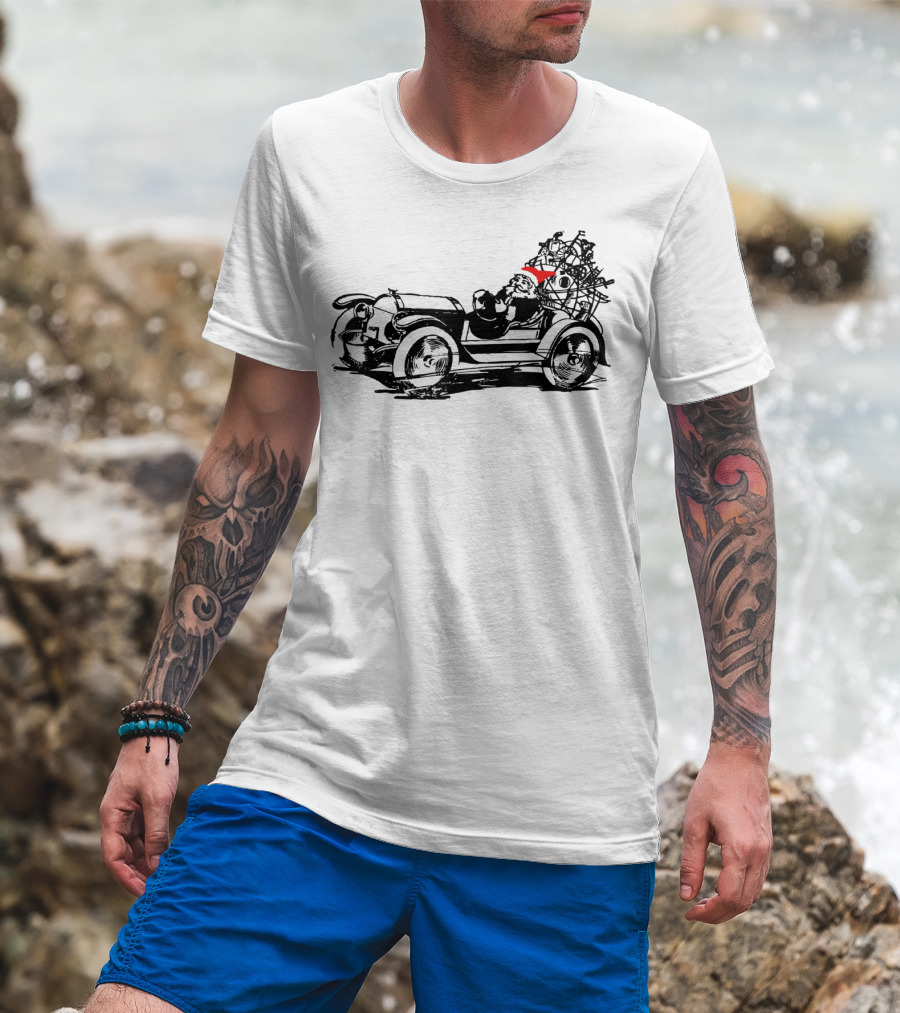 Santa Driving Vintage Car With Christmas Tree Load T-Shirt