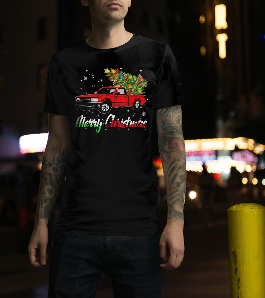 Merry Christmas Classic Old Red Truck With Christmas Tree And Snowflakes T-Shirt