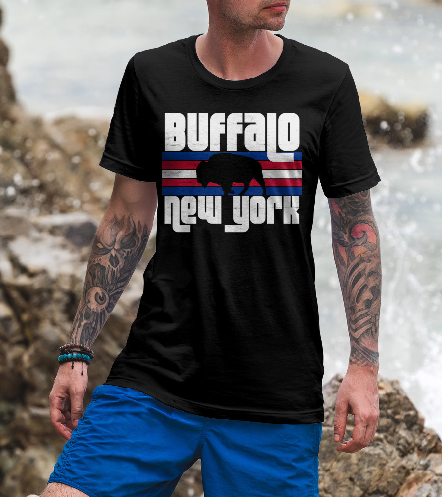 Buffalo New York Bison Silhouette Retro Stripes T-Shirt
