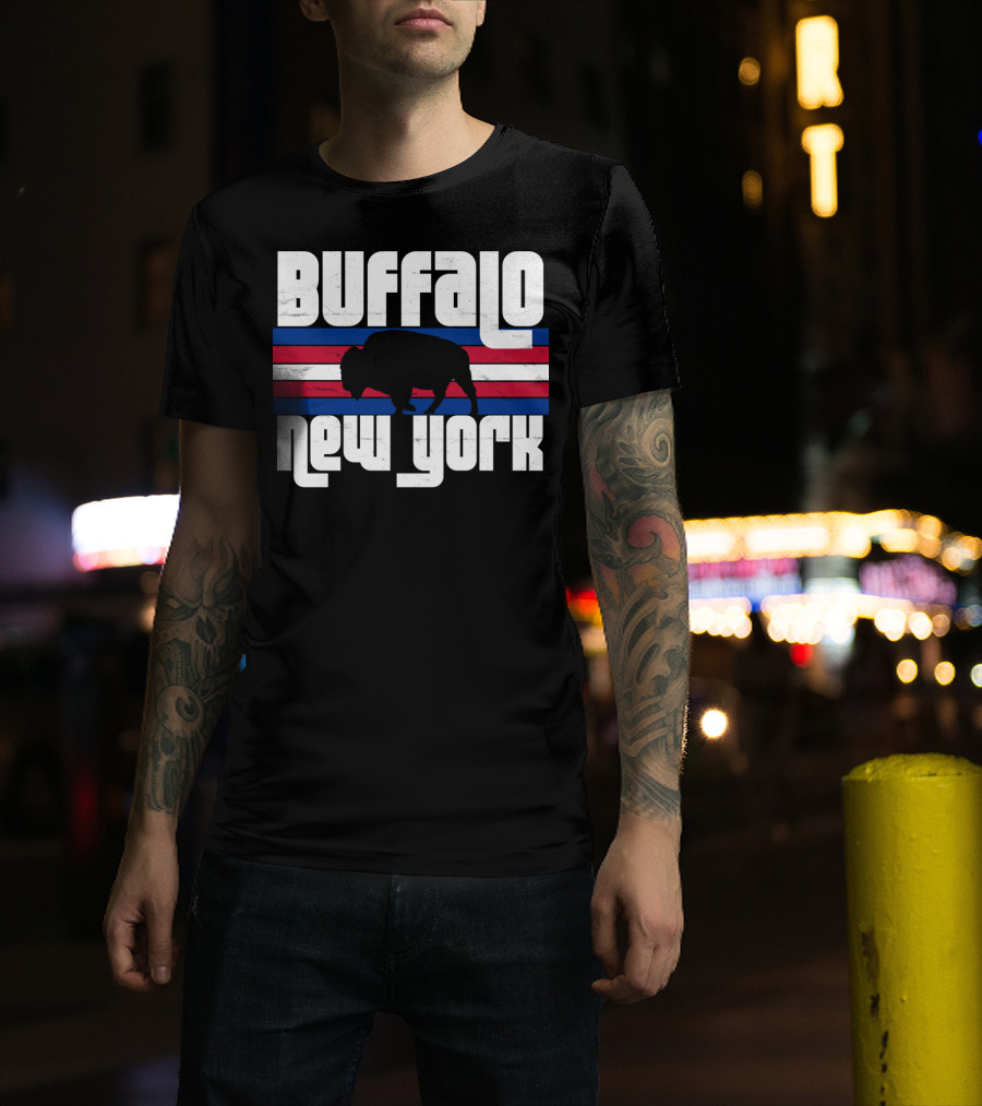 Buffalo New York Bison Silhouette Retro Stripes T-Shirt