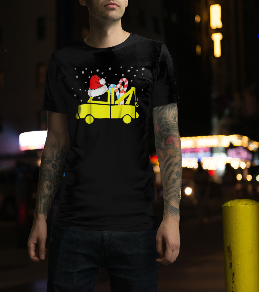 Kids Tow Truck Boys Christmas Santa Hat Candy Cane Snow T-Shirt