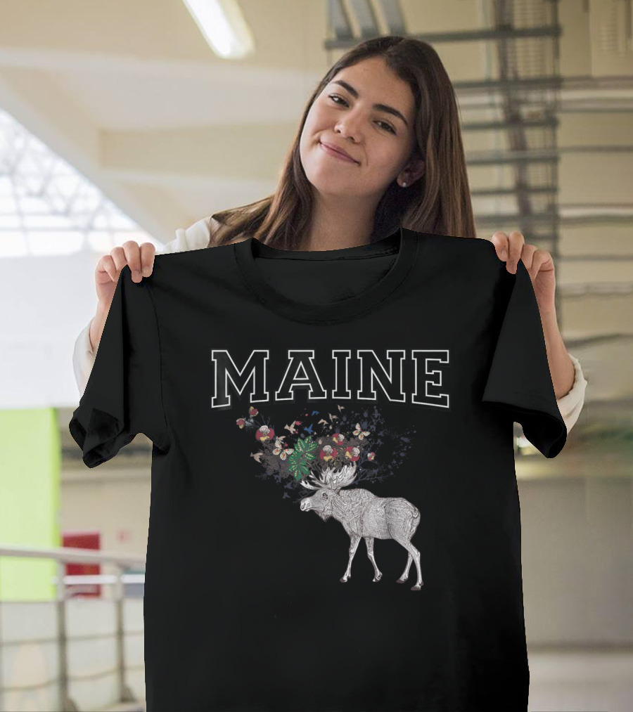 Maine Moose With Floral Antlers T-Shirt