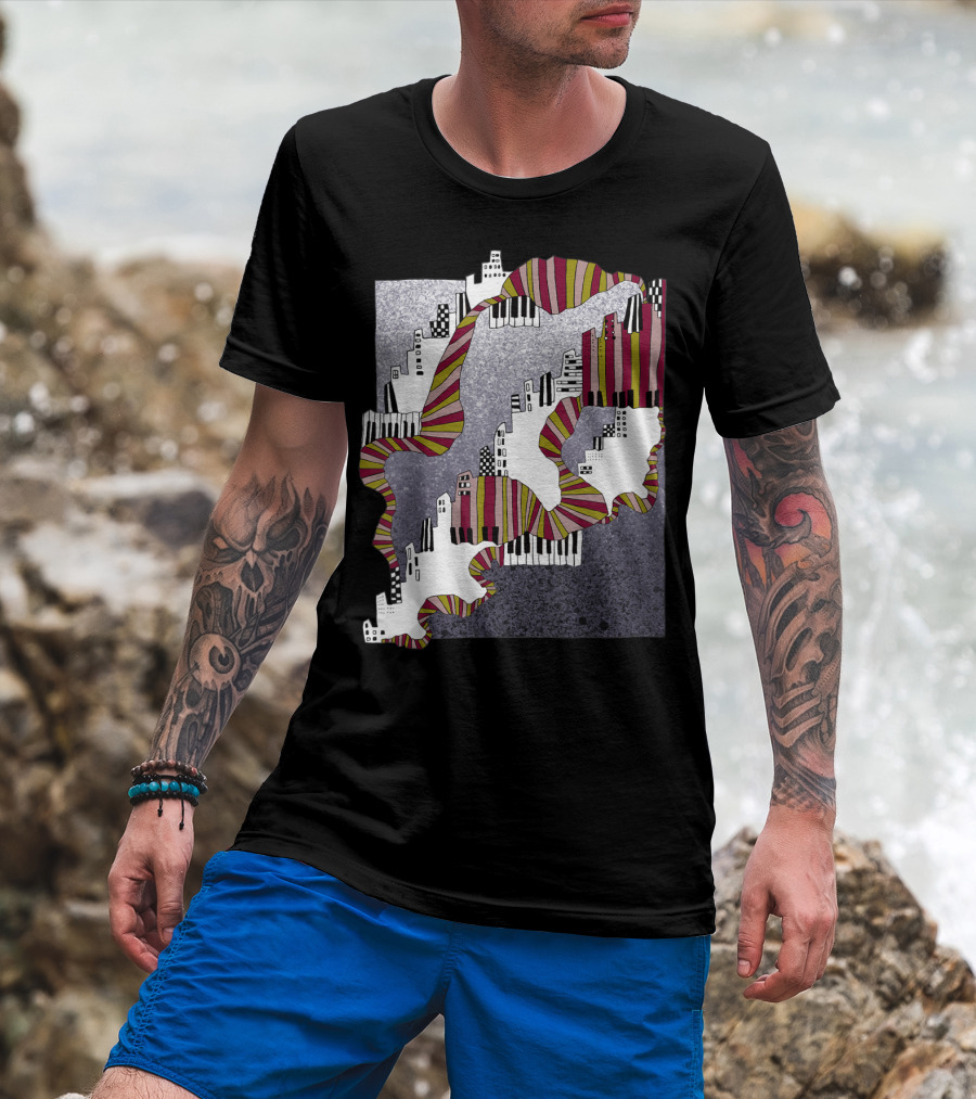 Mellow My Man Cityscape With 90s Hip Hop Piano Keys And Vibrant Stripes T-Shirt